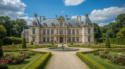 Fototapeta premium A grand chateau with a fountain in the foreground, surrounded by manicured gardens and lush trees under a bright blue sky.