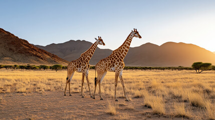 Giraffes walking across dry savanna under soft light, showcasing their majestic presence