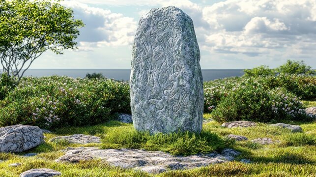 Ancient stone monolith in grassy landscape