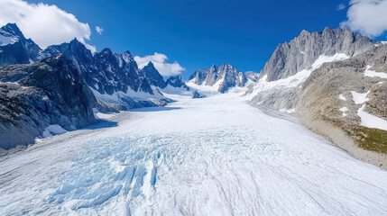 Obraz premium Majestic glacier flowing through rugged mountain landscape under clear blue sky
