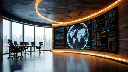 Futuristic control room with glowing data interface and world map display, showcasing advanced