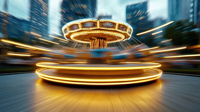 Spinning carousel with glowing lights creates dreamlike atmosphere in urban setting