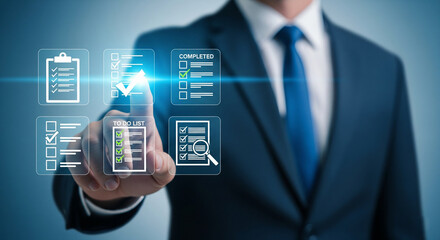 A businessman interacts with a futuristic digital interface displaying checklist, to-do list, and completed task icons, symbolizing efficient workflow and task management