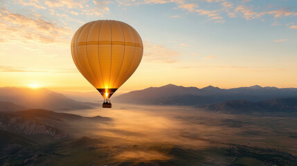 Obraz premium Hot air balloon floats gracefully sky during stunning sunrise, casting warm glow over landscape