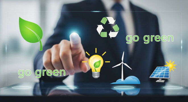 A businessman interacts with a futuristic digital display showcasing "go green" text and icons for sustainability, including a leaf, recycle symbol, eco-friendly lightbulb, wind turbine, and solar pan