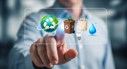 A man interacts with a digital display showing icons for sustainability, including a recycling globe, compost bin, eco-bag, energy-saving lightbulb, and water drop.