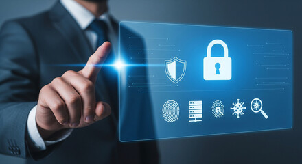 A businessman interacts with a digital display showcasing cybersecurity icons, including a padlock, shield, fingerprint, and threat detection symbols.