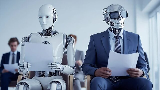 Robots and Humans in Job Interview Setting in Modern Office Environment with ai generated