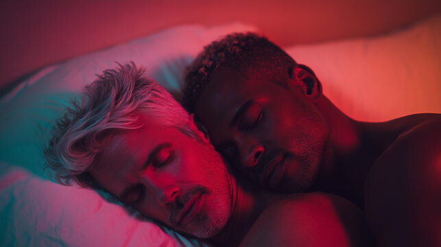 ベッドで寄り添い眠る二人の男性のポートレート。同性カップルやLGBTQの愛情表現をテーマにした記事や広告に適した素材。
