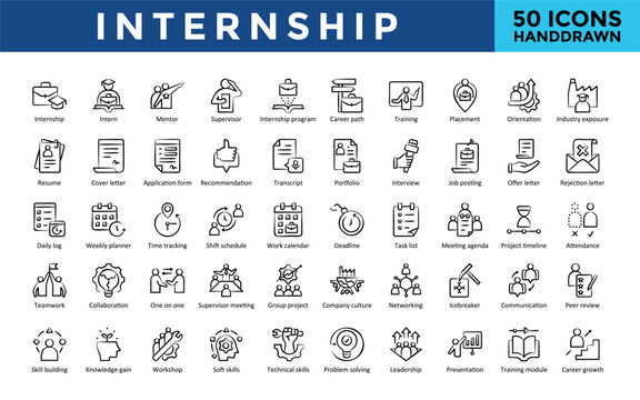  Internship icons set with internship, intern, mentor, supervisor, internship program, career path, training, placement, orientation, industry exposure icon. Simple handdrawn vector 
