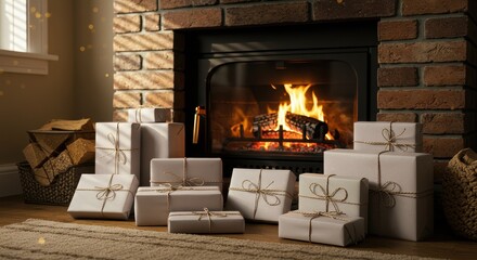 Cozy Living Room Scene with Christmas Presents Wrapped in Brown Paper by a Warm Fireplace
