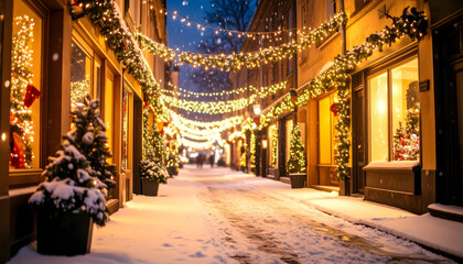 Obraz premium Magical Snowy Street at Night with Sparkling Lights and Warm Shop Windows.