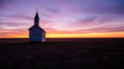 Fototapeta premium Ellis County, KS USA - A Lone Church at Dusk in the Western Kansas Prairie