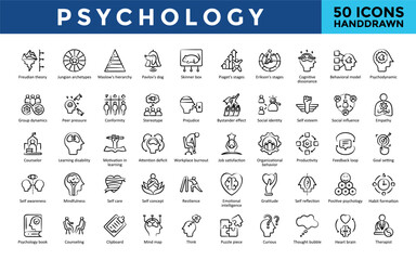 Psychology icons set with freudian theory, jungian archetypes, maslow's hierarchy, pavlov's dog, skinner box, piaget's stages, erikson's stages, cognitive dissonance icon. Simple handdrawn vector 

