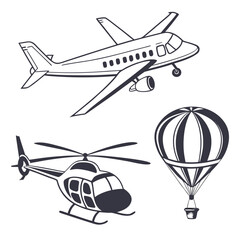 Airplane helicopter hot air balloon icons aircraft aviation