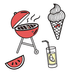 Barbecue grill ice cream watermelon and lemonade vector