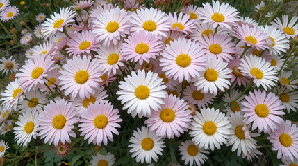 Fototapeta premium Bunch of Common daisy or Bellis perennis or English daisy or Meadow daisy or Lawn daisy herbaceous perennial plants with pure white to light pink pompon like flowers with yellow center growing in loca