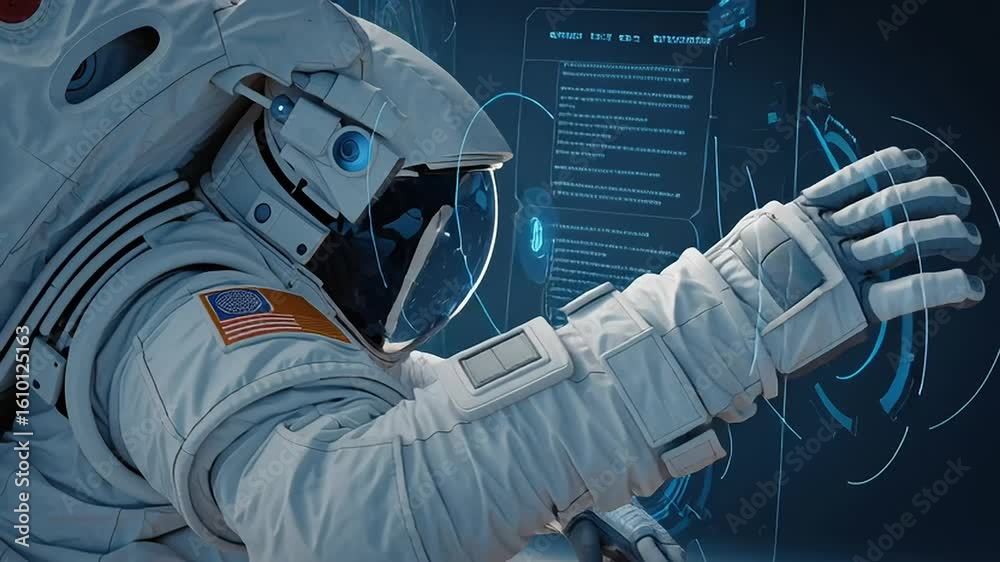 Wall mural astronaut in space interacting with futuristic digital interface with ai generated