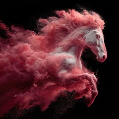 Obraz premium Powerful white horse in mid-air, surrounded by a dramatic cloud of pink powder