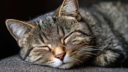 A sleeping tabby cat rests peacefully on a soft surface, showcasing relaxed posture and calm demeanor