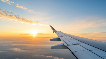 Fototapeta premium Golden hour light illuminates airplane wing against stunning sunset sky