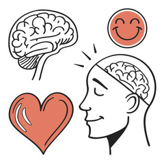 Brain heart and happy face icons mental health wellness