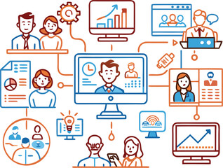 Diverse people collaborating and communicating through digital screens and charts business communication