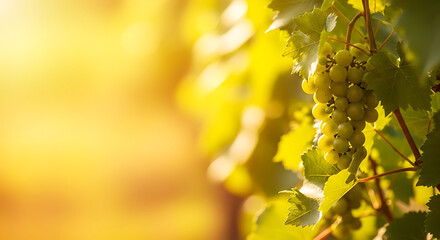 Fototapeta premium Fresh Green Grapes on Vine with Sunlight and Bokeh Background