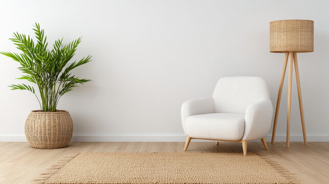 Cozy reading corner featuring stylish chair, tall lamp, and potted plant