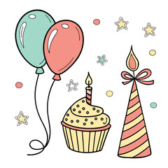 Birthday celebration icons with balloons cupcake and party hat