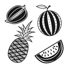 Black and white fruit icons watermelon pineapple