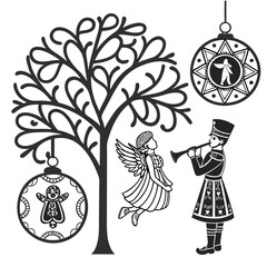 Black angel tree ornaments and musician vector