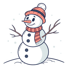 Cheerful snowman wearing coral hat and scarf winter holiday