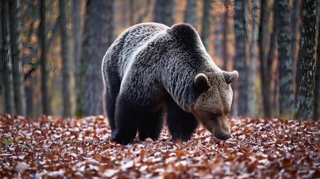 Braunb&auml;r l&auml;uft durch herbstlichen Wald