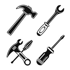 Black icons of construction tools hammer wrench
