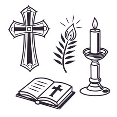 Christian cross candle and holy book icons bible flame