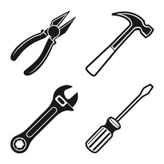 Black icons of construction tools pliers hammer