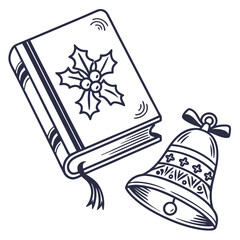 Christmas book with holly and decorative bell festive