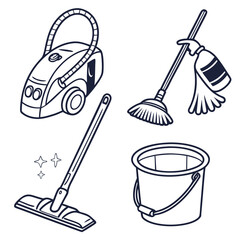 Cleaning tools vacuum broom mop bucket sparkles vector