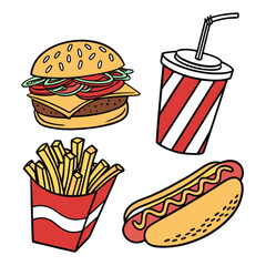 Burger fries soda hot dog meal fast food