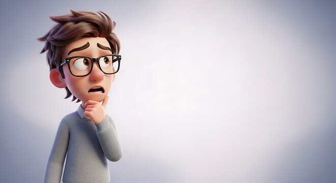 Cartoon Character Thinking with Hand on Chin Looking Upward