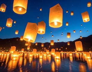 bright glowing lanterns soaring into a starry night sky symbolizing freedom