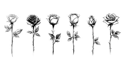 Black and white collection of rose icons in sketch style each one showing a different single long stemmed rose symbolic of love, vector illustration on white