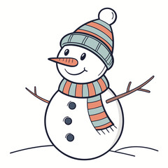 Cheerful snowman wearing striped hat and scarf winter