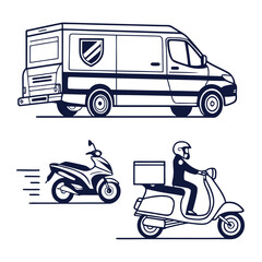 Delivery van and scooters with rider and cargo motorcycle