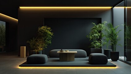 Dark, modern lounge area with plants and soft lighting