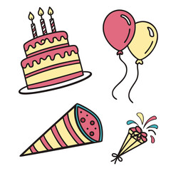 Festive birthday cake balloons party popper confetti celebration