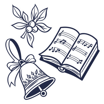 Festive bell and hymn book with holly ribbon leaves