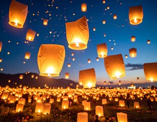 floating lanterns glowing in the peaceful night sky symbolizing release