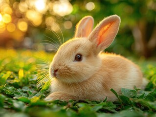 Fototapeta premium Adorable golden bunny lying on fresh green grass in a sunlit outdoor garden, captured with warm golden hour lighting and a peaceful relaxed pose